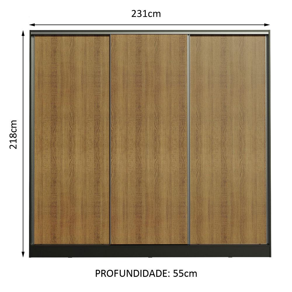 Guarda Roupa Casal 100% MDF Madesa Royale 3 Portas de Correr - Preto/Rustic