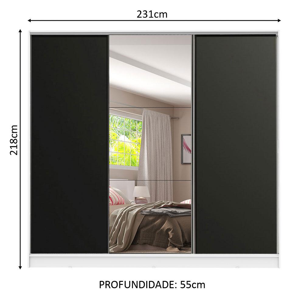 Guarda Roupa Casal 100% MDF Madesa Royale 3 Portas de Correr com Espelho - Branco/Preto