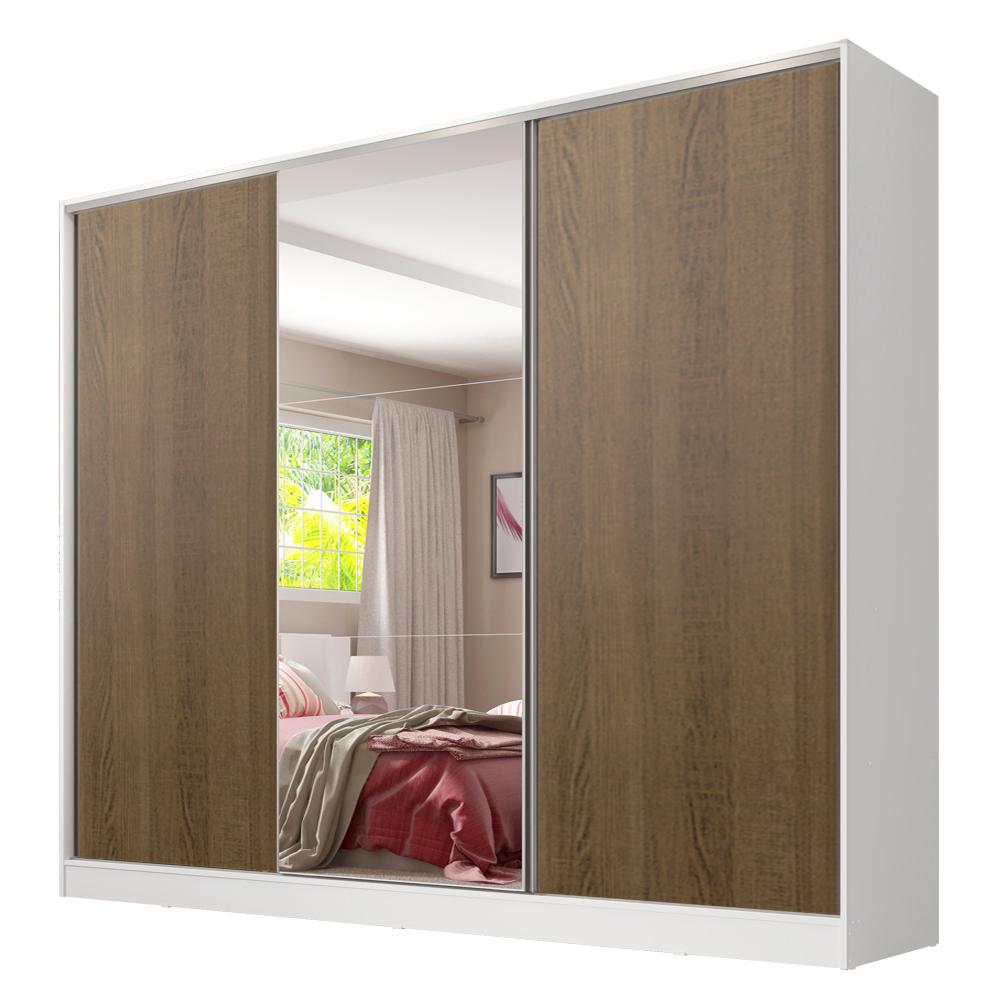 Guarda Roupa Casal 100% MDF Madesa Royale 3 Portas de Correr com Espelho - Branco/Rustic