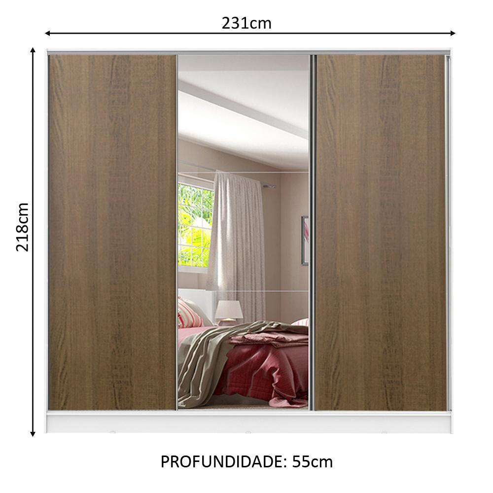 Guarda Roupa Casal 100% MDF Madesa Royale 3 Portas de Correr com Espelho - Branco/Rustic