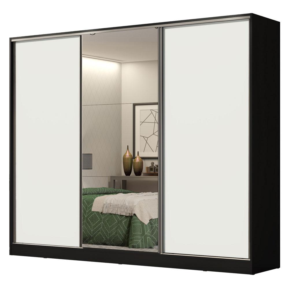 Guarda Roupa Casal 100% MDF Madesa Royale 3 Portas de Correr com Espelho - Preto/Branco