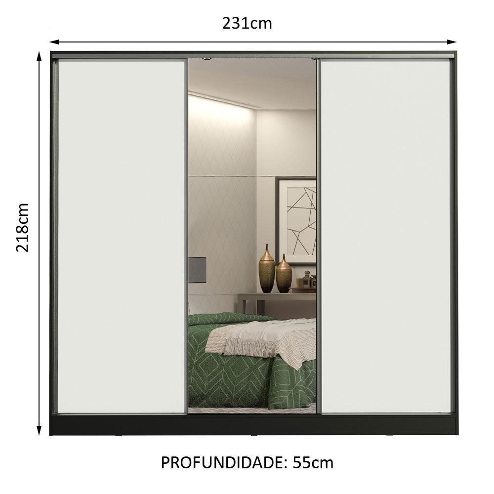 Guarda Roupa Casal 100% MDF Madesa Royale 3 Portas de Correr com Espelho - Preto/Branco