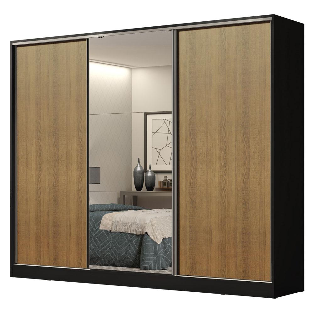 Guarda Roupa Casal 100% MDF Madesa Royale 3 Portas de Correr com Espelho - Preto/Rustic