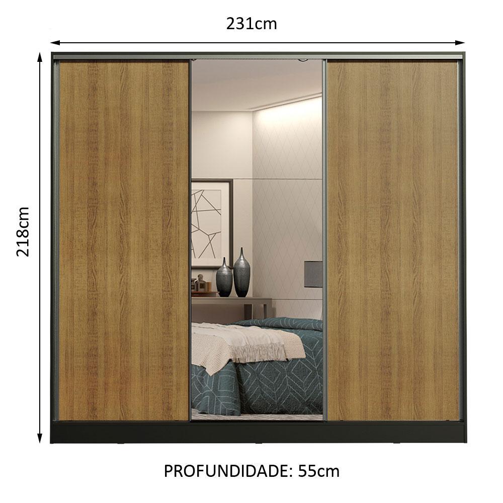 Guarda Roupa Casal 100% MDF Madesa Royale 3 Portas de Correr com Espelho - Preto/Rustic