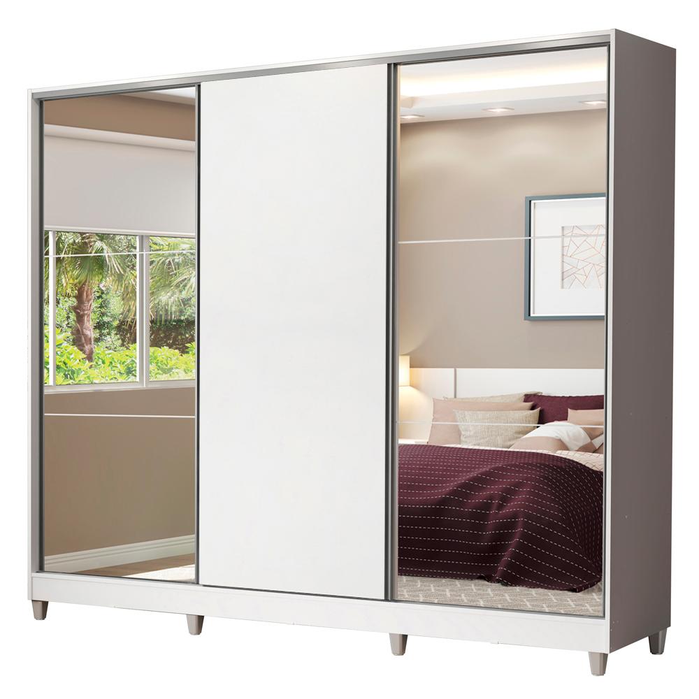 Guarda Roupa Casal 100% MDF Madesa Royale 3 Portas de Correr com Espelho com Pés - Branco