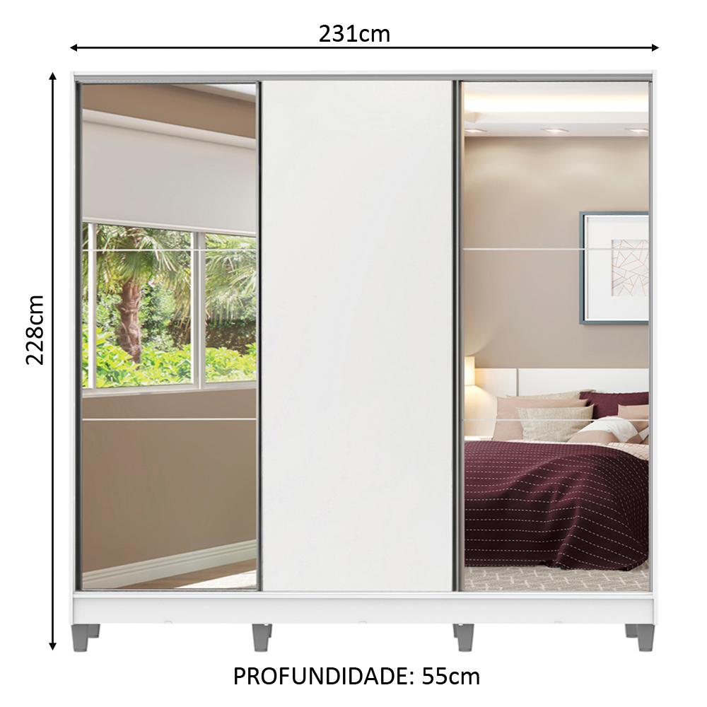 Guarda Roupa Casal 100% MDF Madesa Royale 3 Portas de Correr com Espelho com Pés - Branco
