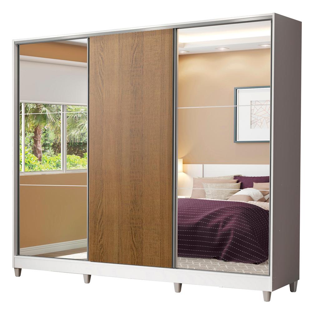 Guarda Roupa Casal 100% MDF Madesa Royale 3 Portas de Correr com Espelho com Pés - Branco/Rustic