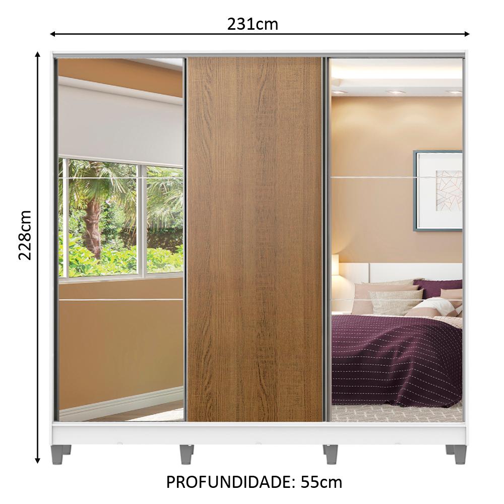Guarda Roupa Casal 100% MDF Madesa Royale 3 Portas de Correr com Espelho com Pés - Branco/Rustic