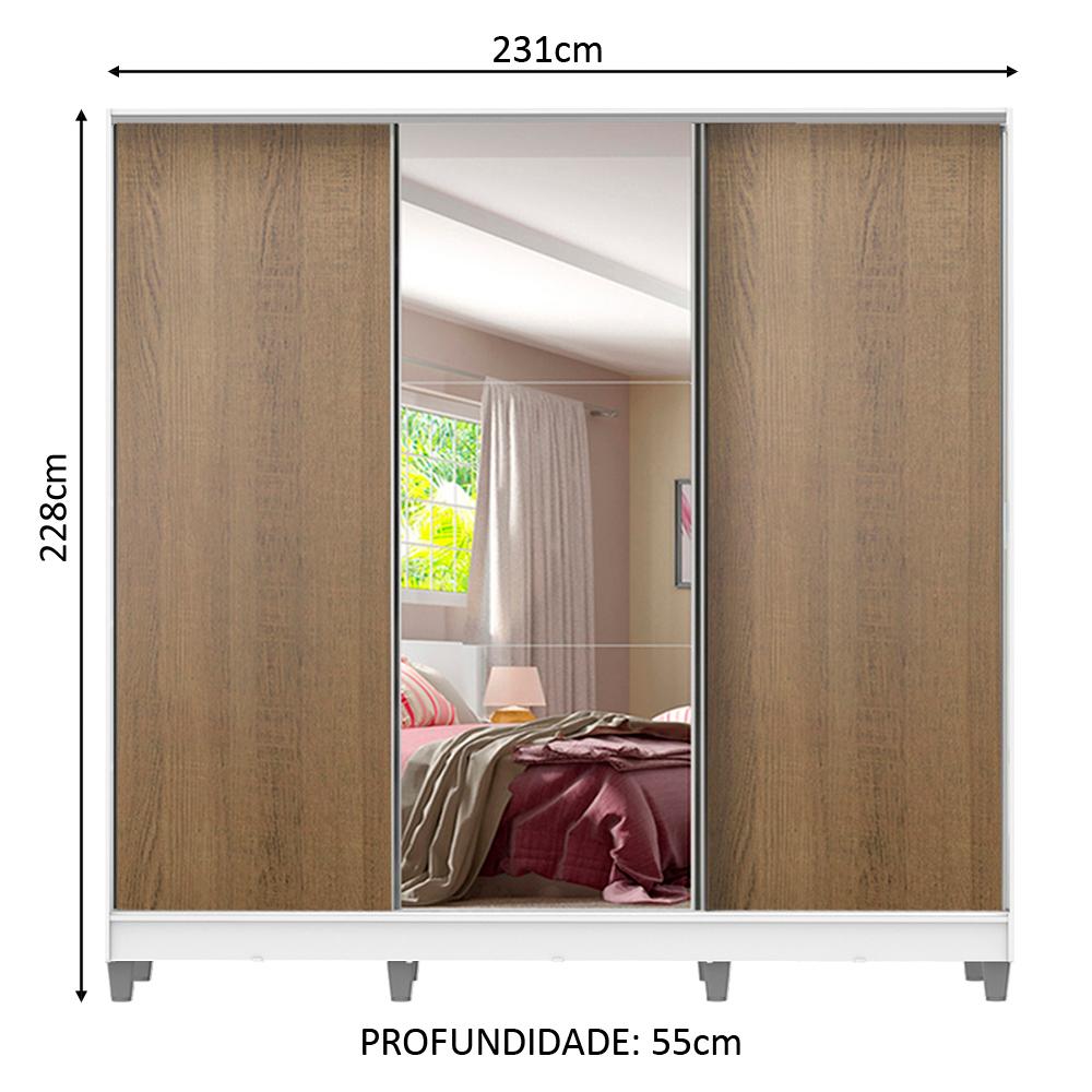 Guarda Roupa Casal 100% MDF Madesa Royale 3 Portas de Correr com Espelho com Pés - Branco/Rustic