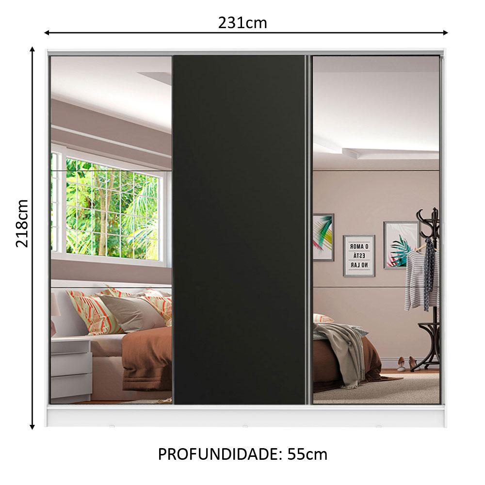 Guarda Roupa Casal 100% MDF Madesa Royale 3 Portas de Correr com Espelhos - Branco/Preto