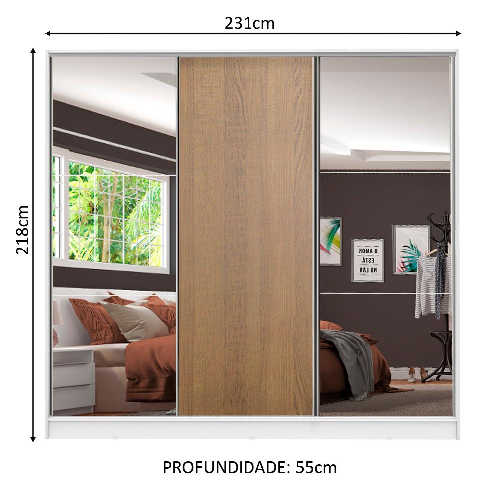 Guarda Roupa Casal 100% MDF Madesa Royale 3 Portas de Correr com Espelhos - Branco/Rustic