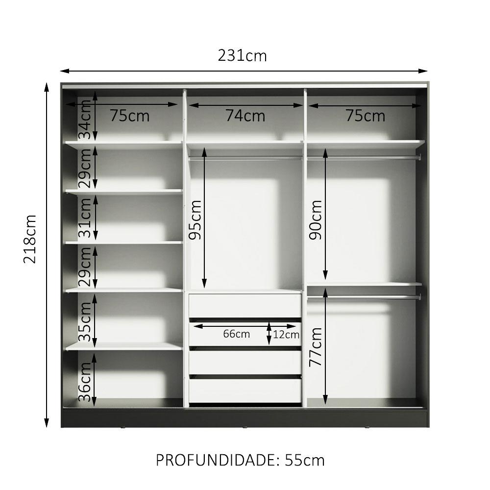 Guarda Roupa Casal 100% MDF Madesa Royale 3 Portas de Correr com Espelhos - Preto
