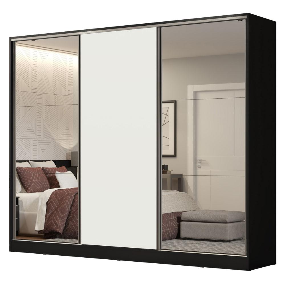 Guarda Roupa Casal 100% MDF Madesa Royale 3 Portas de Correr com Espelhos - Preto/Branco