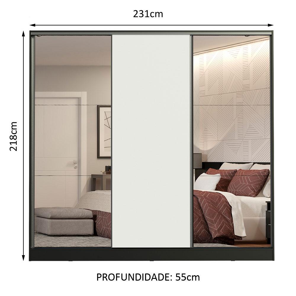 Guarda Roupa Casal 100% MDF Madesa Royale 3 Portas de Correr com Espelhos - Preto/Branco