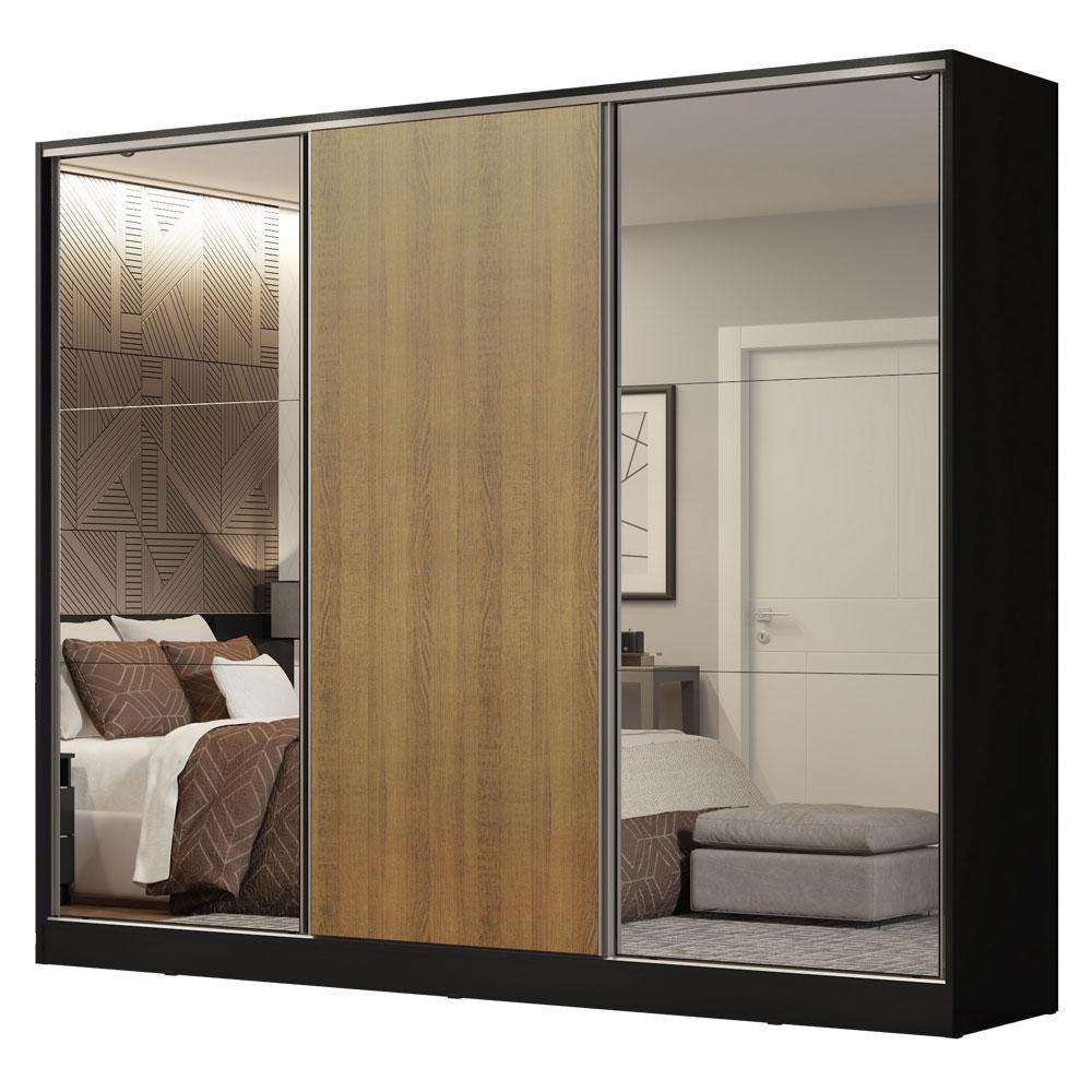 Guarda Roupa Casal 100% MDF Madesa Royale 3 Portas de Correr com Espelhos - Preto/Rustic