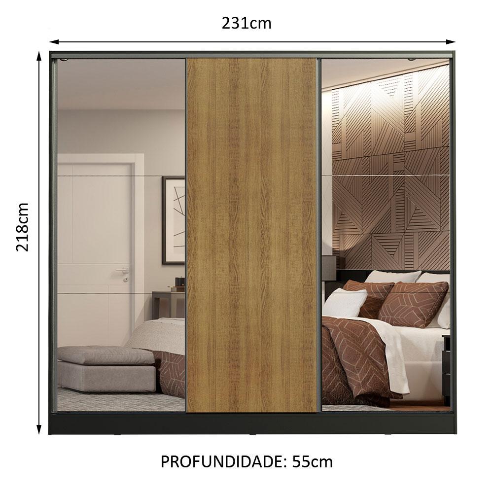 Guarda Roupa Casal 100% MDF Madesa Royale 3 Portas de Correr com Espelhos - Preto/Rustic