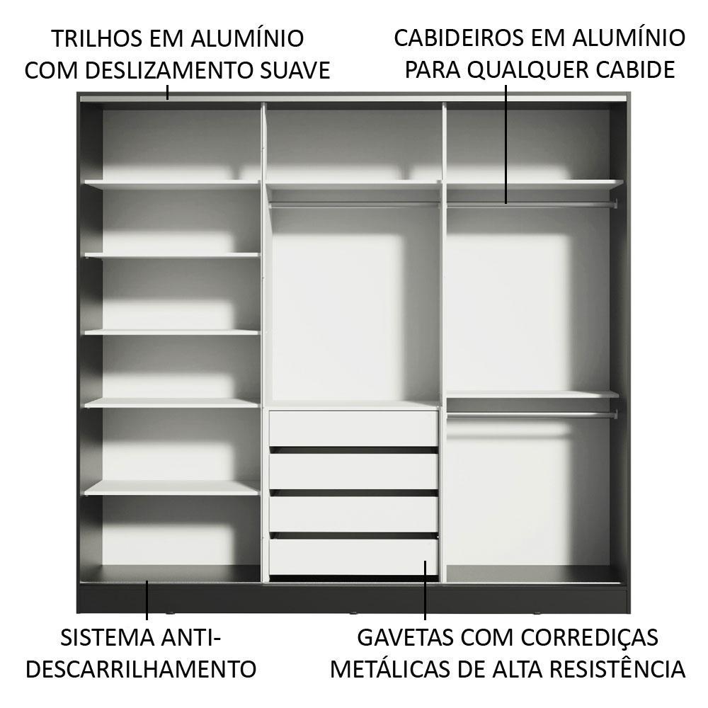 Guarda Roupa Casal 100% MDF Madesa Royale 3 Portas de Correr com Espelhos - Preto/Rustic