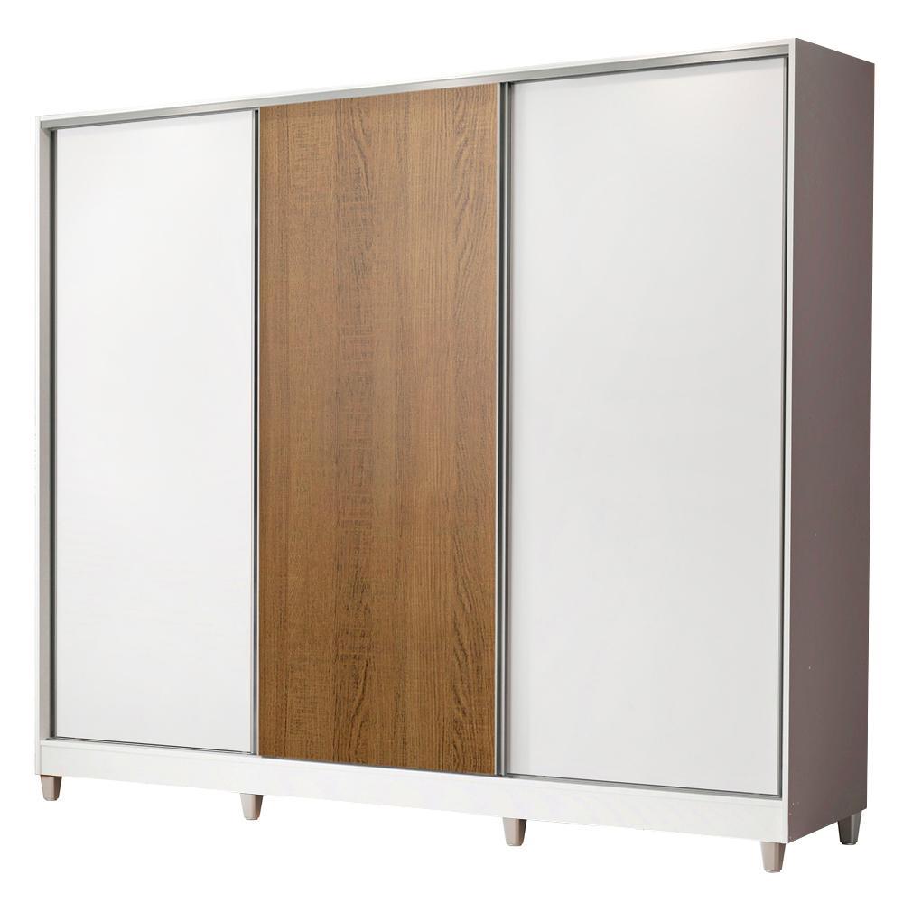 Guarda Roupa Casal 100% MDF Madesa Royale 3 Portas de Correr com Pés - Branco/Branco/Rustic