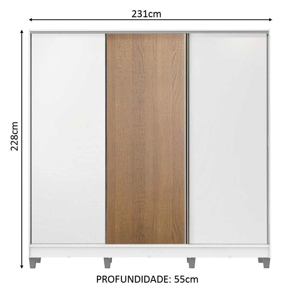 Guarda Roupa Casal 100% MDF Madesa Royale 3 Portas de Correr com Pés - Branco/Branco/Rustic