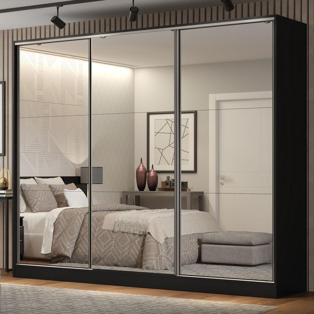 Guarda Roupa Casal 100% MDF Madesa Royale 3 Portas de Correr de Espelho - Preto