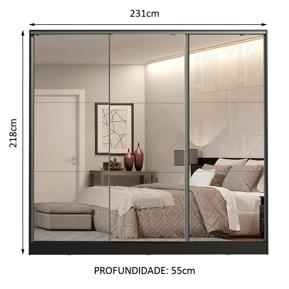 Guarda Roupa Casal 100% MDF Madesa Royale 3 Portas de Correr de Espelho - Preto