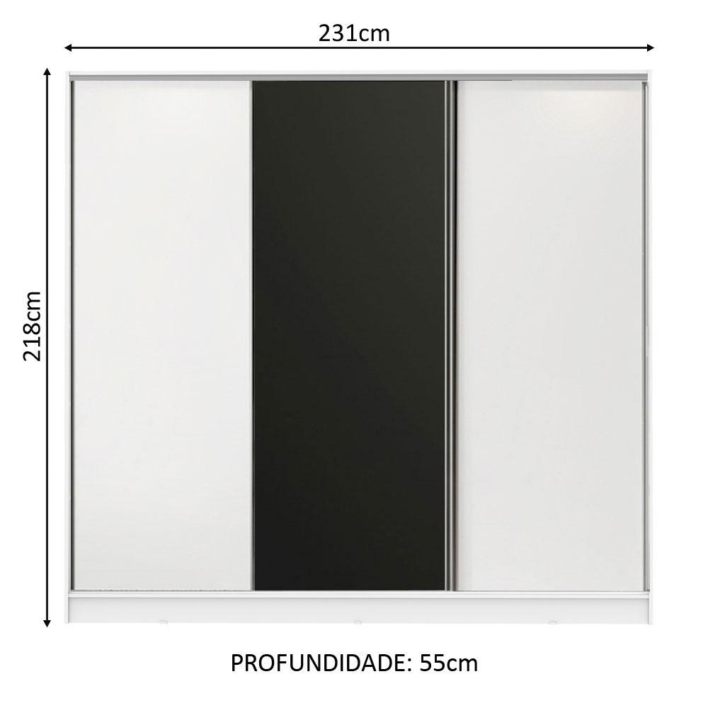 Guarda Roupa Casal 100% MDF Madesa Zurique 3 Portas de Correr - Branco/Branco/Preto