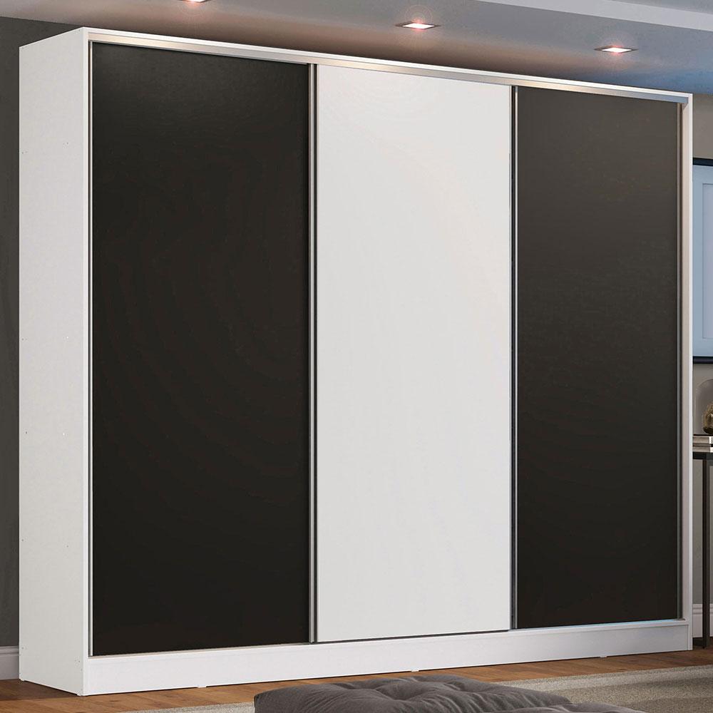 Guarda Roupa Casal 100% MDF Madesa Zurique 3 Portas de Correr - Branco/Preto/Branco