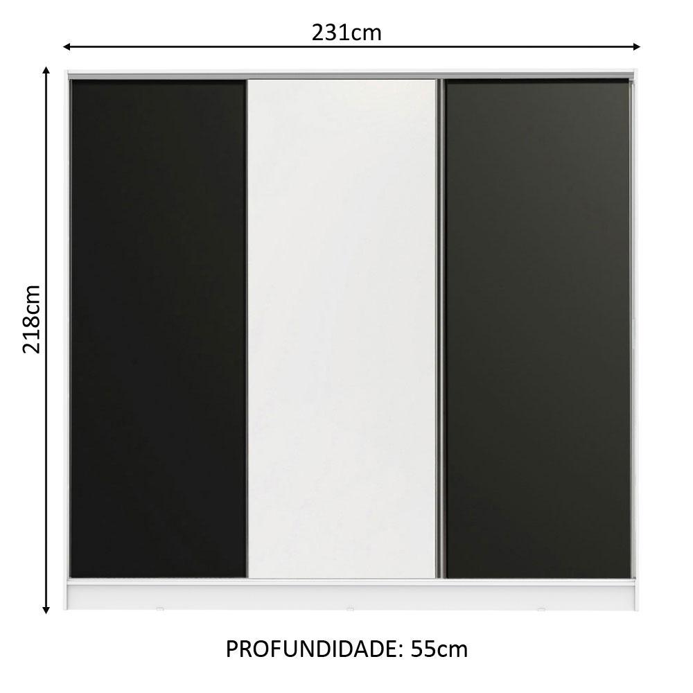 Guarda Roupa Casal 100% MDF Madesa Zurique 3 Portas de Correr - Branco/Preto/Branco
