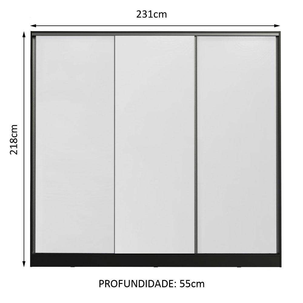 Guarda Roupa Casal 100% MDF Madesa Zurique 3 Portas de Correr - Preto/Branco