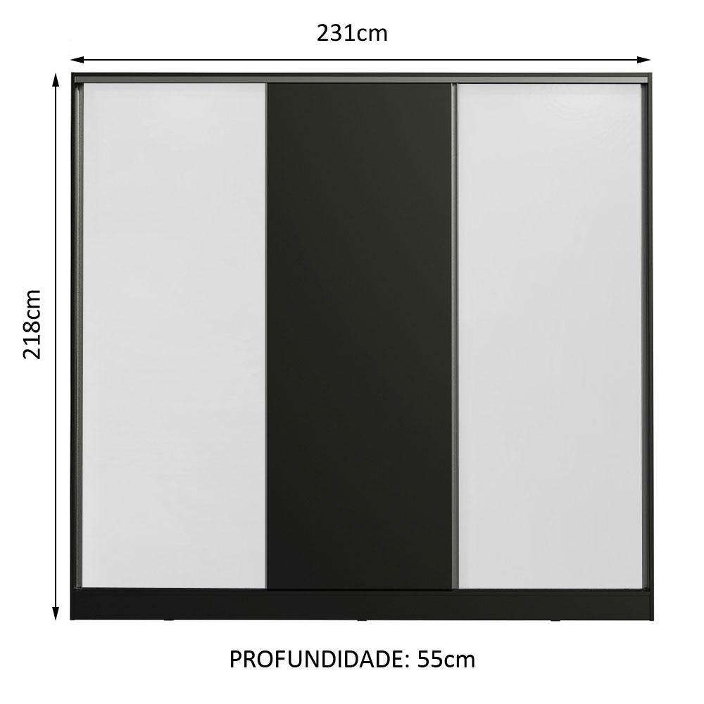 Guarda Roupa Casal 100% MDF Madesa Zurique 3 Portas de Correr - Preto/Branco/Preto