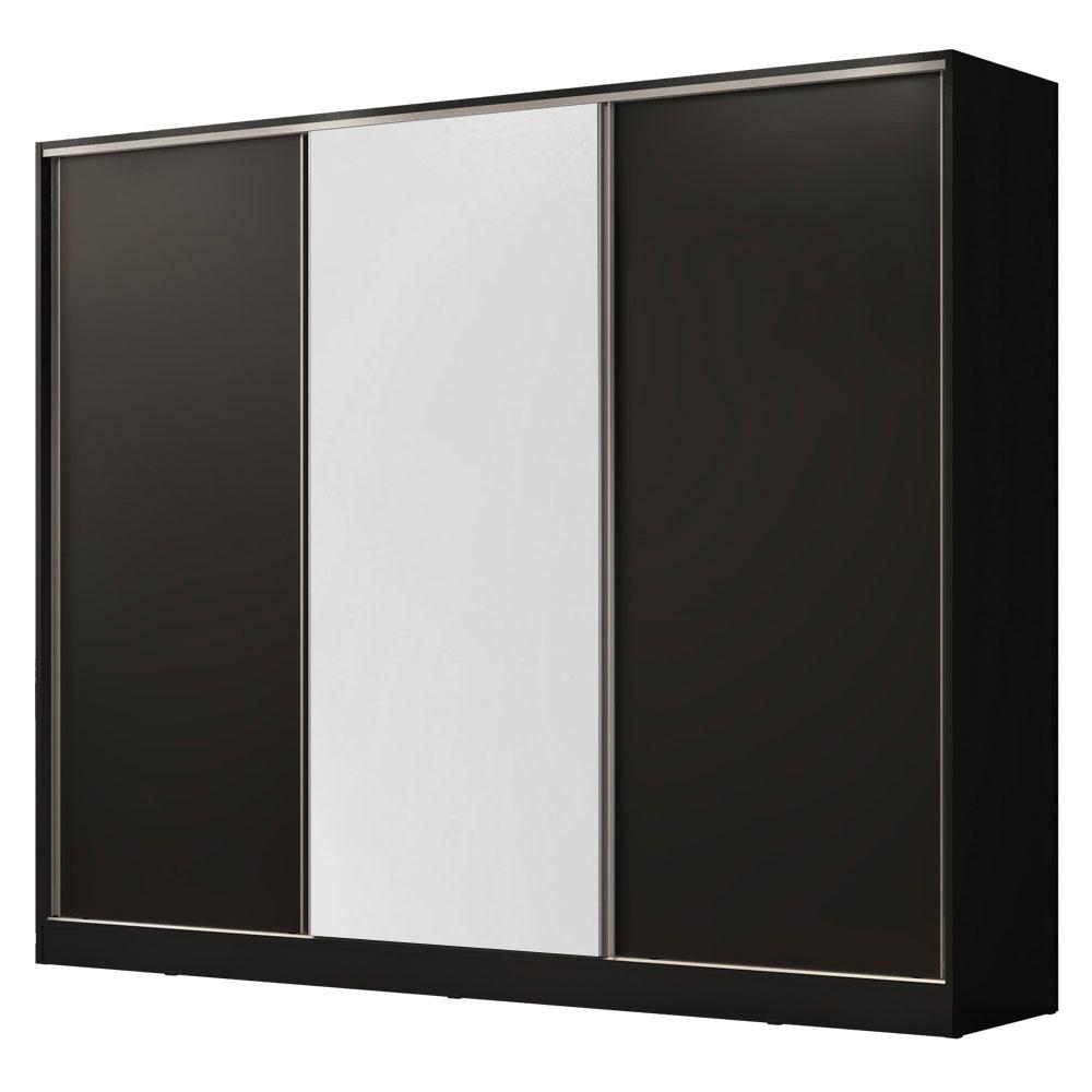 Guarda Roupa Casal 100% MDF Madesa Zurique 3 Portas de Correr - Preto/Preto/Branco