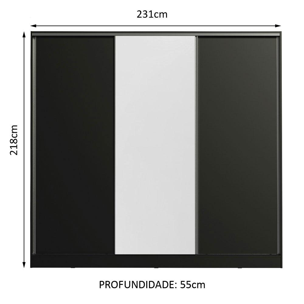Guarda Roupa Casal 100% MDF Madesa Zurique 3 Portas de Correr - Preto/Preto/Branco