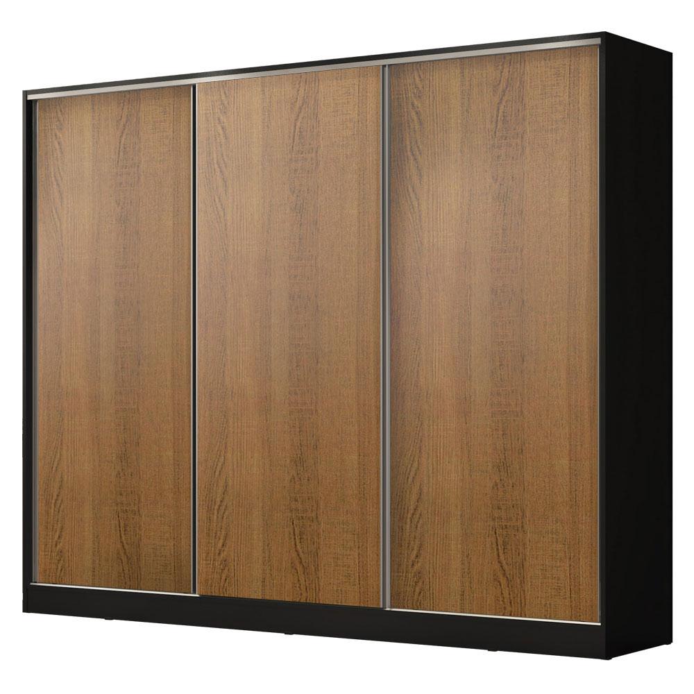 Guarda Roupa Casal 100% MDF Madesa Zurique 3 Portas de Correr - Preto/Rustic