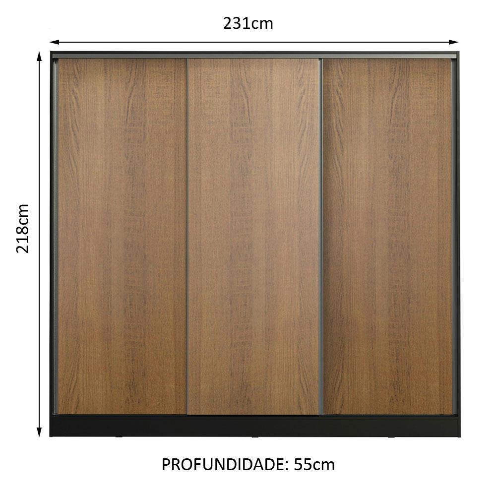 Guarda Roupa Casal 100% MDF Madesa Zurique 3 Portas de Correr - Preto/Rustic
