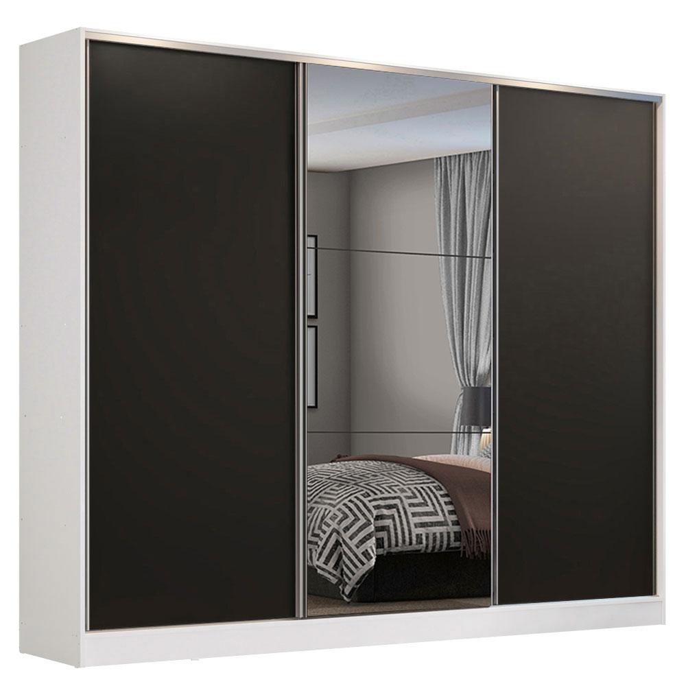 Guarda Roupa Casal 100% MDF Madesa Zurique 3 Portas de Correr com Espelho - Branco/Preto