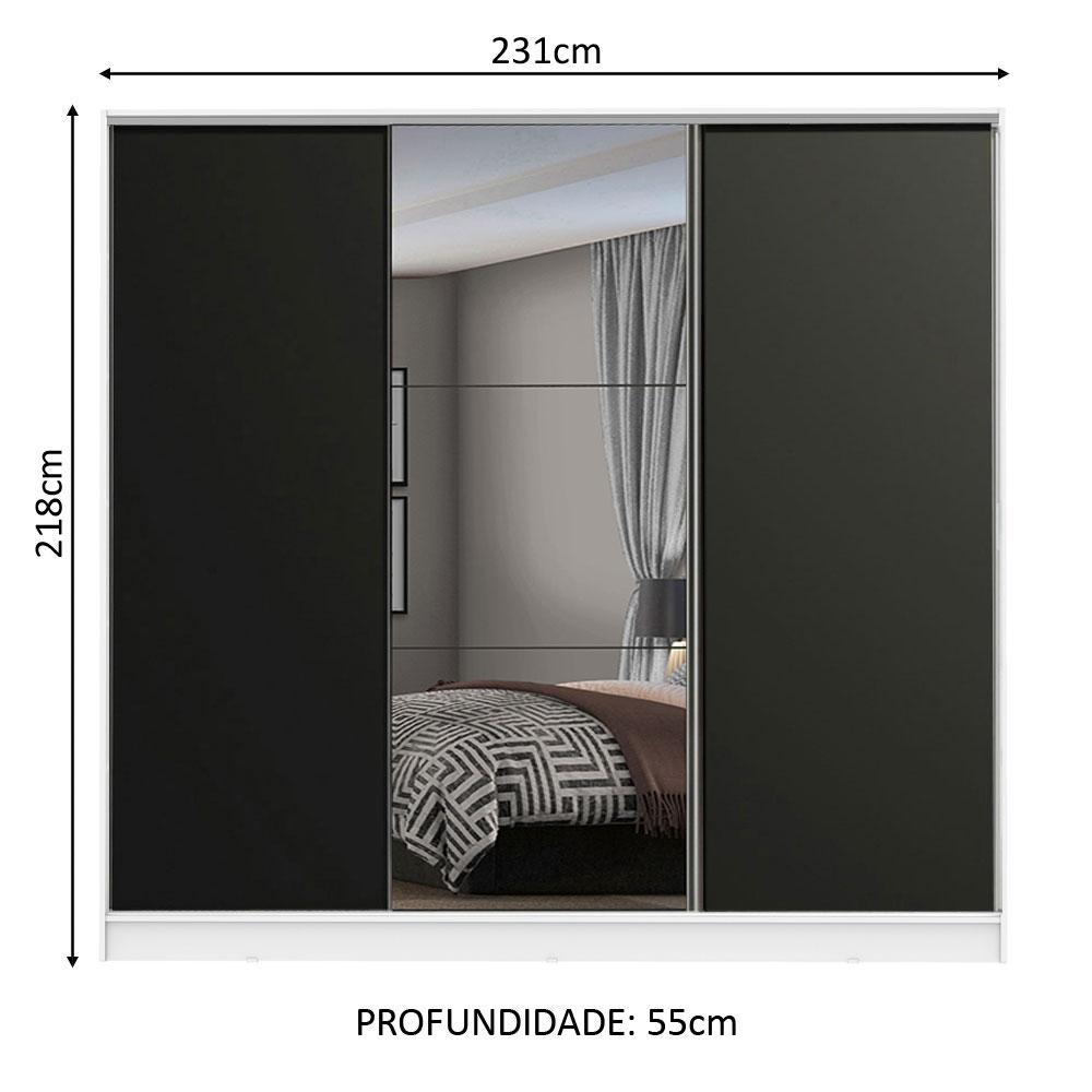 Guarda Roupa Casal 100% MDF Madesa Zurique 3 Portas de Correr com Espelho - Branco/Preto