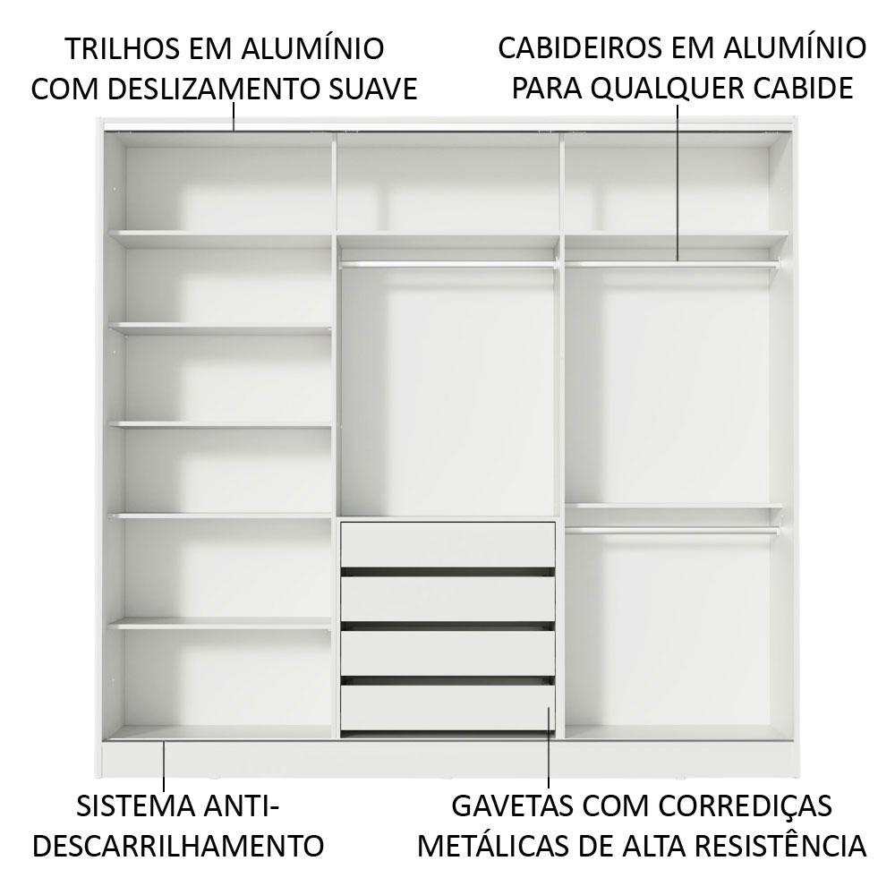 Guarda Roupa Casal 100% MDF Madesa Zurique 3 Portas de Correr com Espelho - Branco/Preto