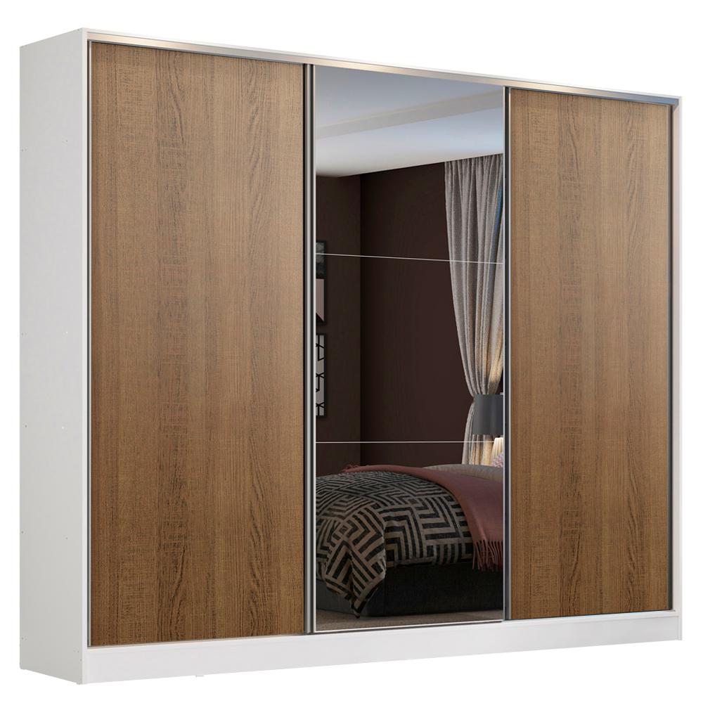 Guarda Roupa Casal 100% MDF Madesa Zurique 3 Portas de Correr com Espelho - Branco/Rustic