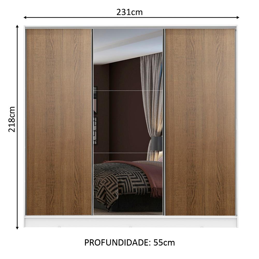 Guarda Roupa Casal 100% MDF Madesa Zurique 3 Portas de Correr com Espelho - Branco/Rustic