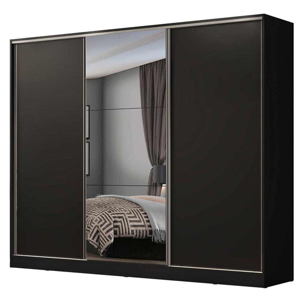 Guarda Roupa Casal 100% MDF Madesa Zurique 3 Portas de Correr com Espelho - Preto