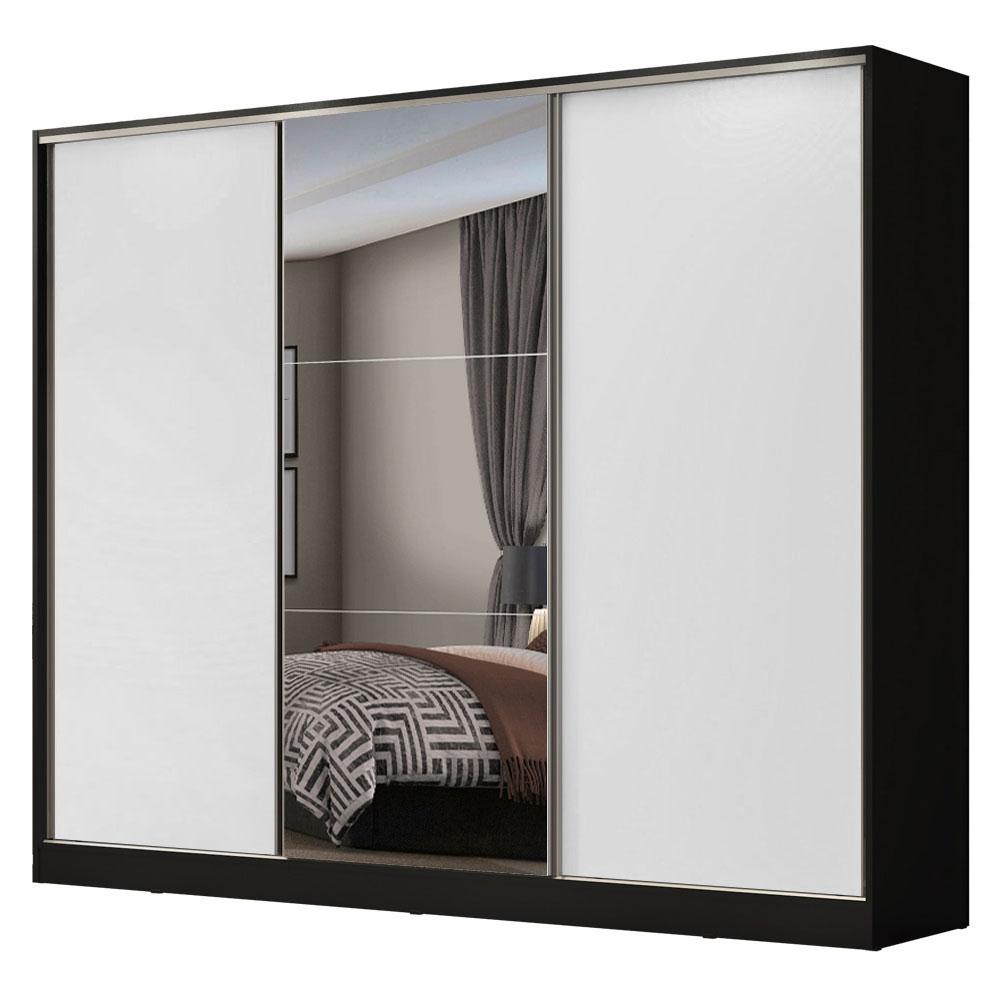 Guarda Roupa Casal 100% MDF Madesa Zurique 3 Portas de Correr com Espelho - Preto/Branco