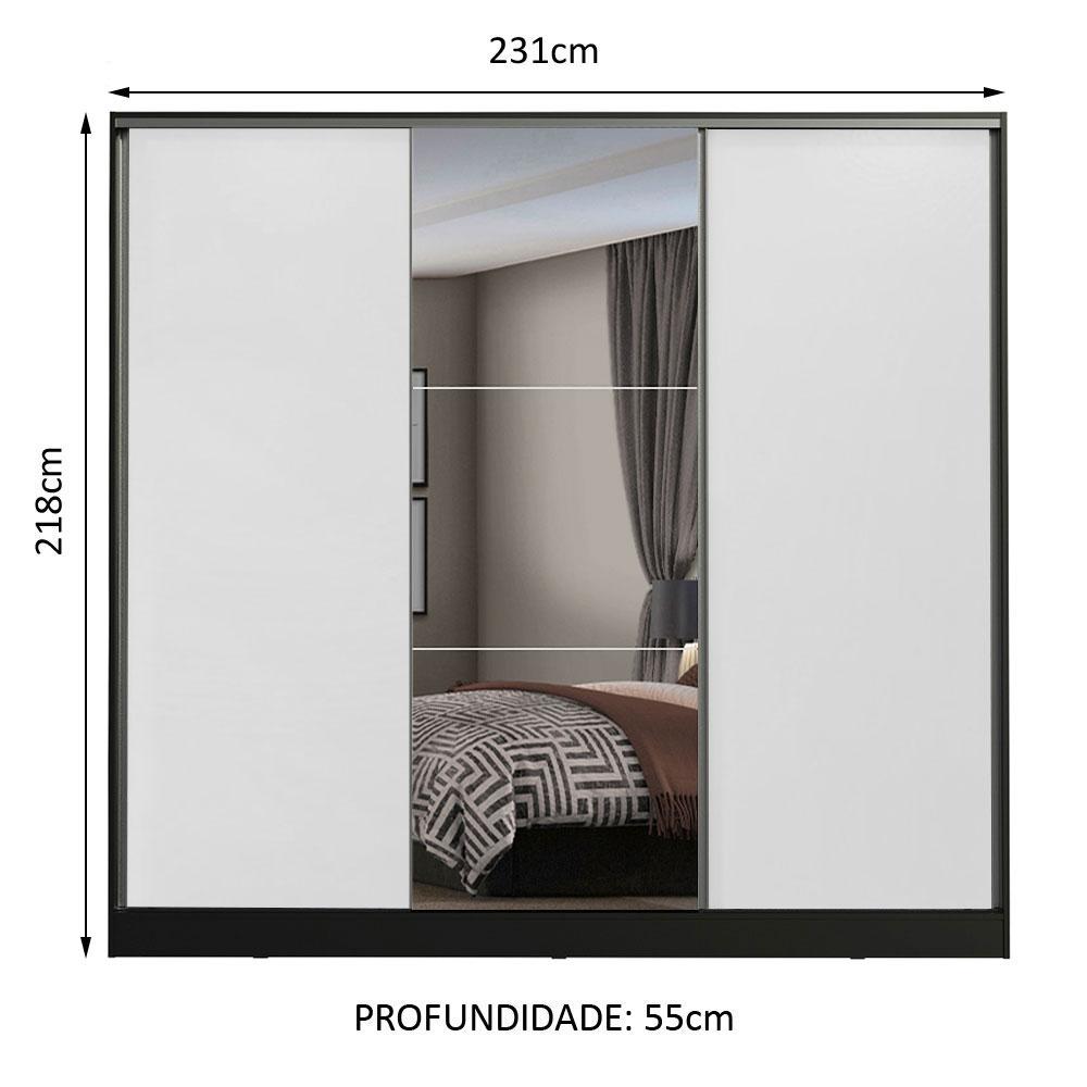 Guarda Roupa Casal 100% MDF Madesa Zurique 3 Portas de Correr com Espelho - Preto/Branco