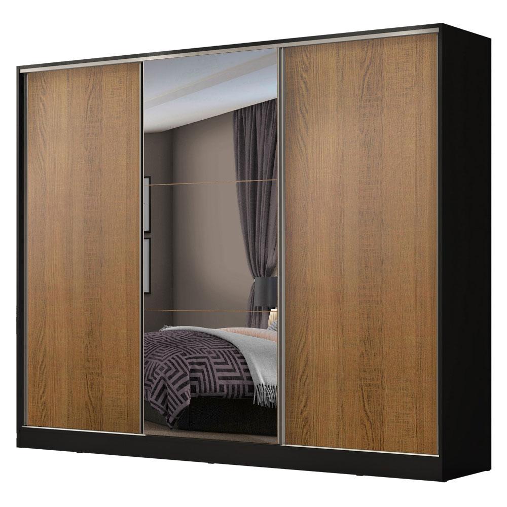 Guarda Roupa Casal 100% MDF Madesa Zurique 3 Portas de Correr com Espelho - Preto/Rustic