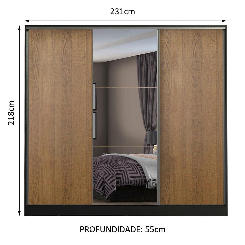 Guarda Roupa Casal 100% MDF Madesa Zurique 3 Portas de Correr com Espelho - Preto/Rustic
