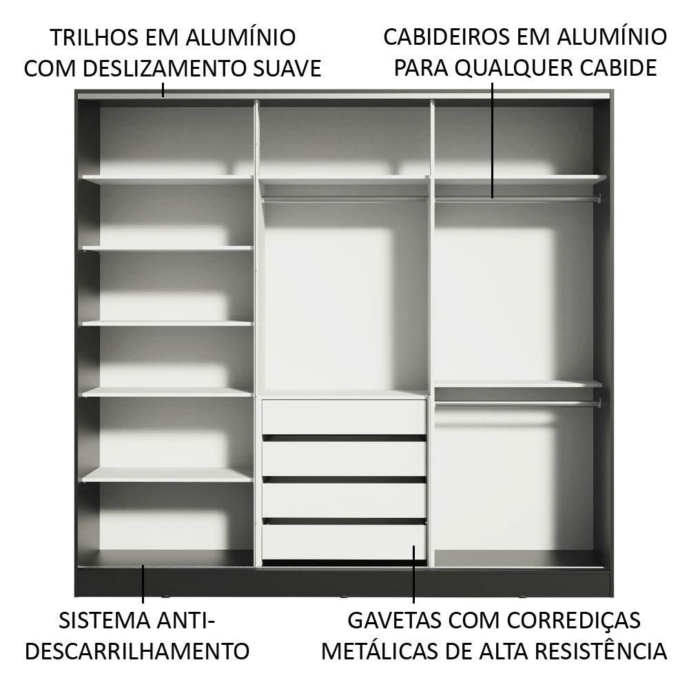 Guarda Roupa Casal 100% MDF Madesa Zurique 3 Portas de Correr com Espelho - Preto/Rustic