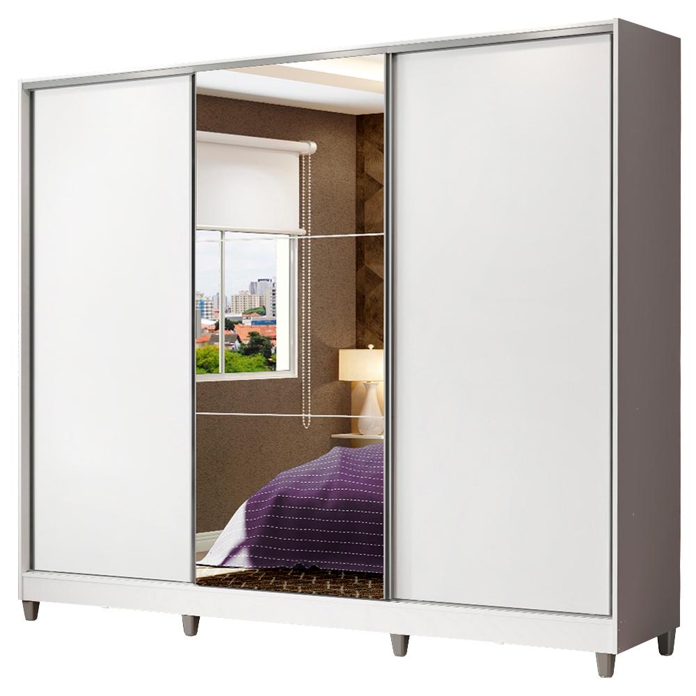 Guarda Roupa Casal 100% MDF Madesa Zurique 3 Portas de Correr com Espelho com Pés - Branco
