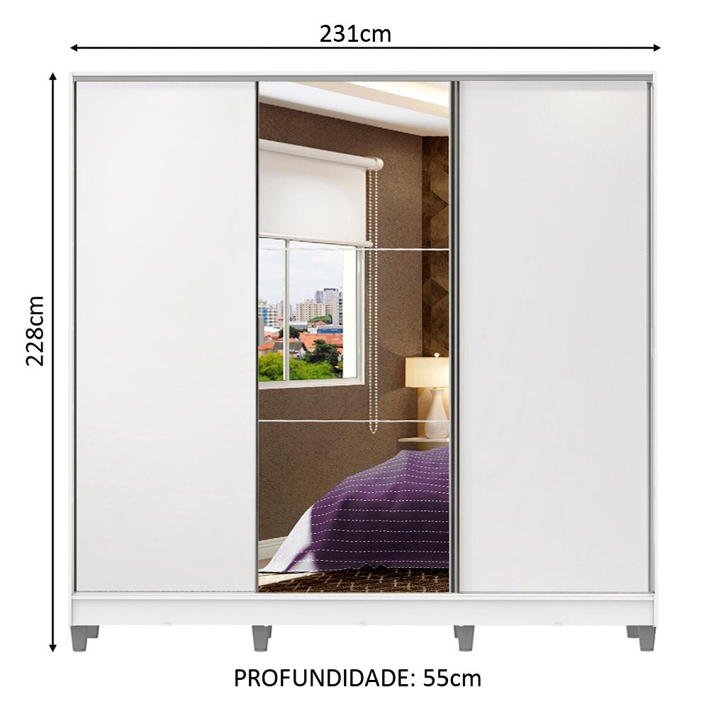 Guarda Roupa Casal 100% MDF Madesa Zurique 3 Portas de Correr com Espelho com Pés - Branco