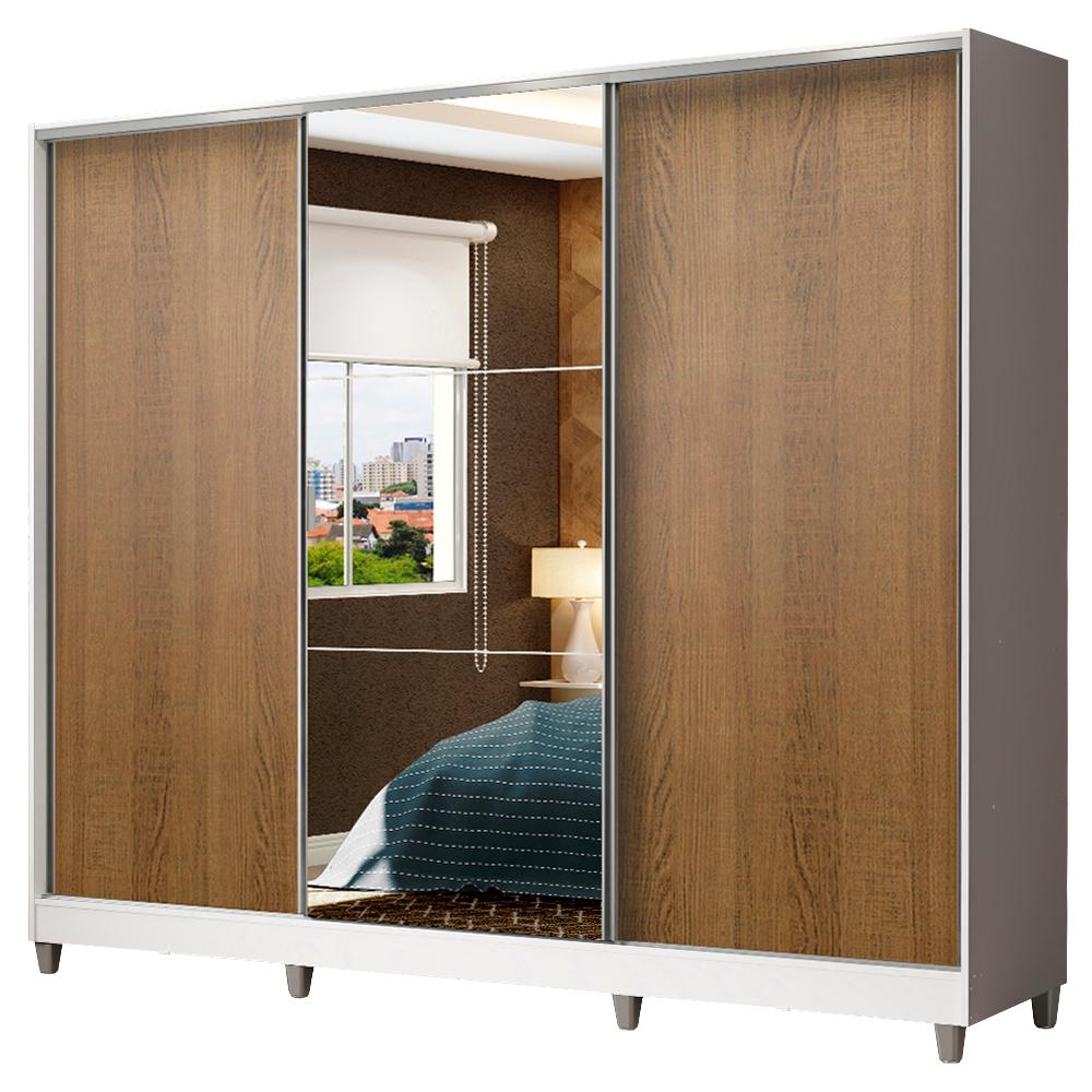 Guarda Roupa Casal 100% MDF Madesa Zurique 3 Portas de Correr com Espelho com Pés - Branco/Rustic