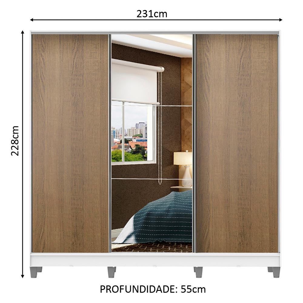Guarda Roupa Casal 100% MDF Madesa Zurique 3 Portas de Correr com Espelho com Pés - Branco/Rustic