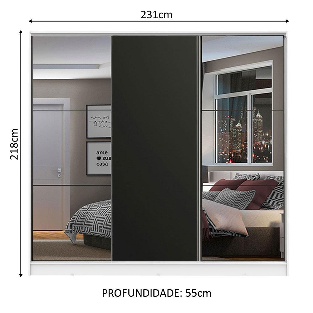 Guarda Roupa Casal 100% MDF Madesa Zurique 3 Portas de Correr com Espelhos - Branco/Preto